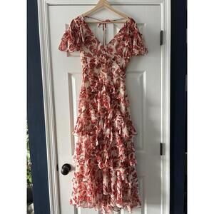 Cinq a Sept Tatum Floral Ruffled Shirt Sleeve Cocktail Midi Dress Sz 0 NWT